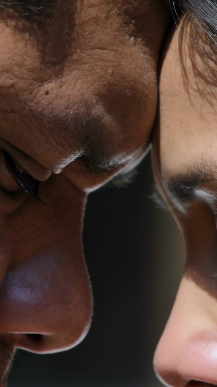 Vertical video: Leaning, two adults pressing foreheads together in studio, sharing quiet intimacy