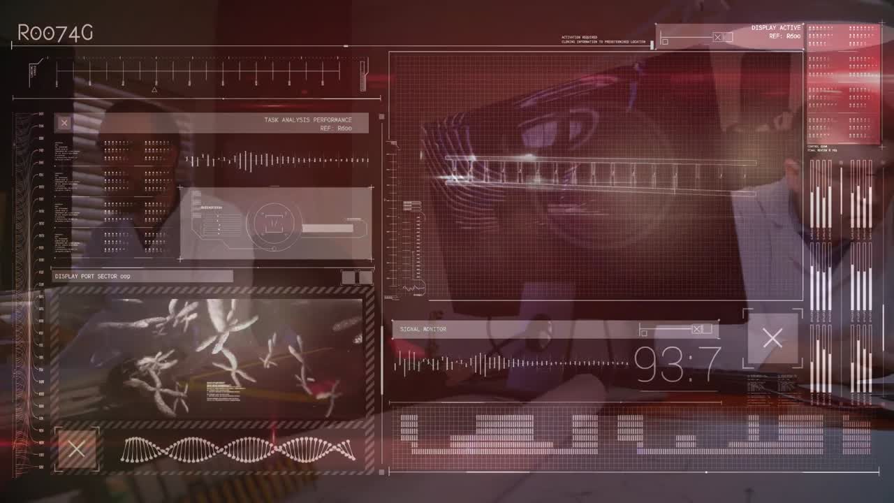 Animation of data processing on screen over businessman in fast working in office