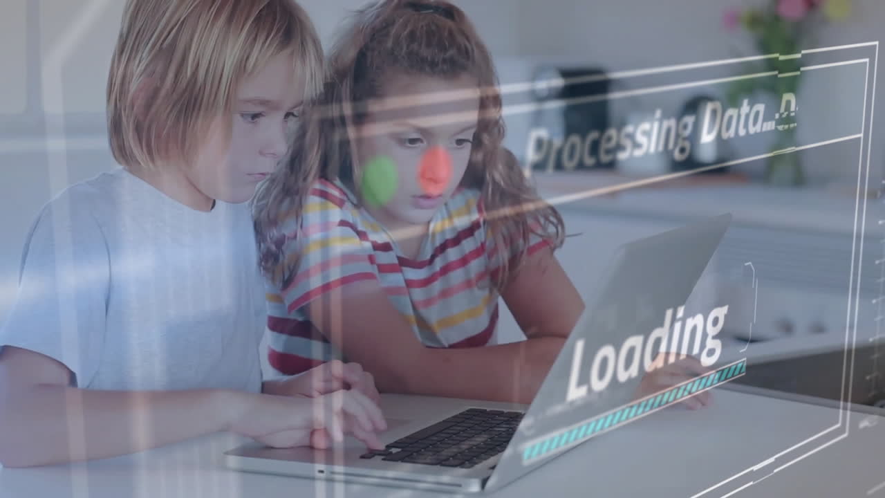 Children using laptop with data processing and loading animation over screen