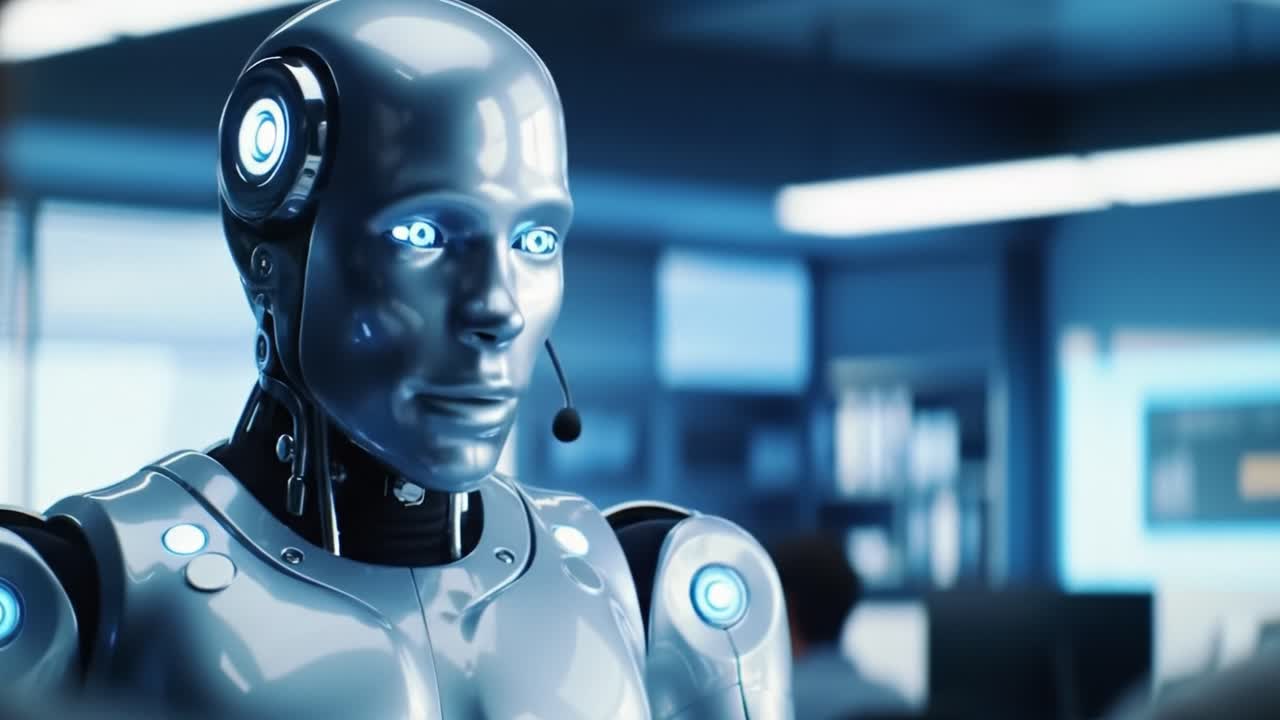 A Futuristic Robotic Assistant Engaging in Human Interaction within a Modern Office Environment, Showcasing Advanced AI Technologies and Human-Robot Communication Dynamics