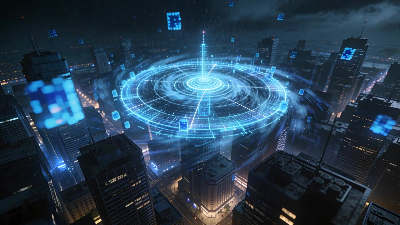 Materializing grid, disc with orbiting cubes rotating and pulsing above downtown, forming overlay