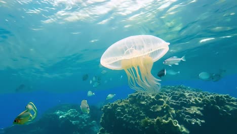 explore a vibrant coral reef teeming with life. watch graceful jellyfish glide over colorful coral, surrounded by tropical fish in crystal clear waters