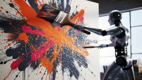 a robotic artist creating abstract masterpieces with vivid orange and blue splashes, showcasing the intersection of technology and creativity