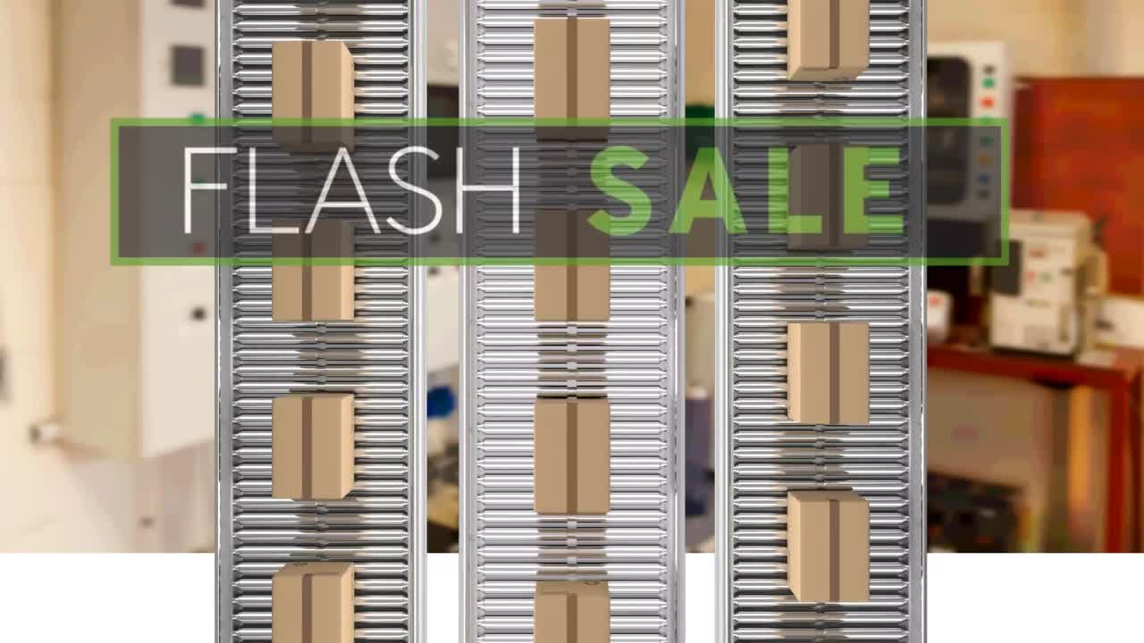Flash sale text banner over multiple delivery boxes on conveyer belt against factory