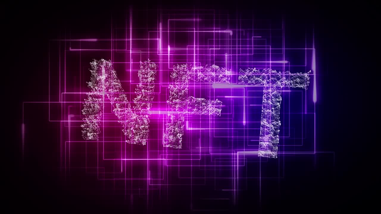 Animation von NFT über pinken und blauen Linien auf schwarzem Hintergrund