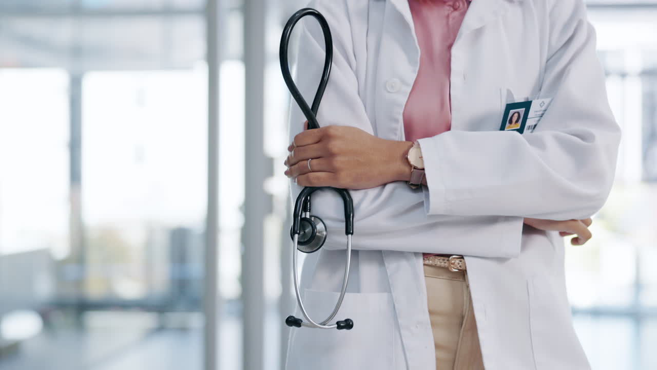 Doctor, woman and hands with arms crossed