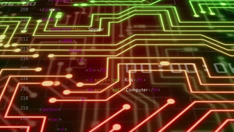animación de una placa de circuito de computadora brillante y procesamiento de datos