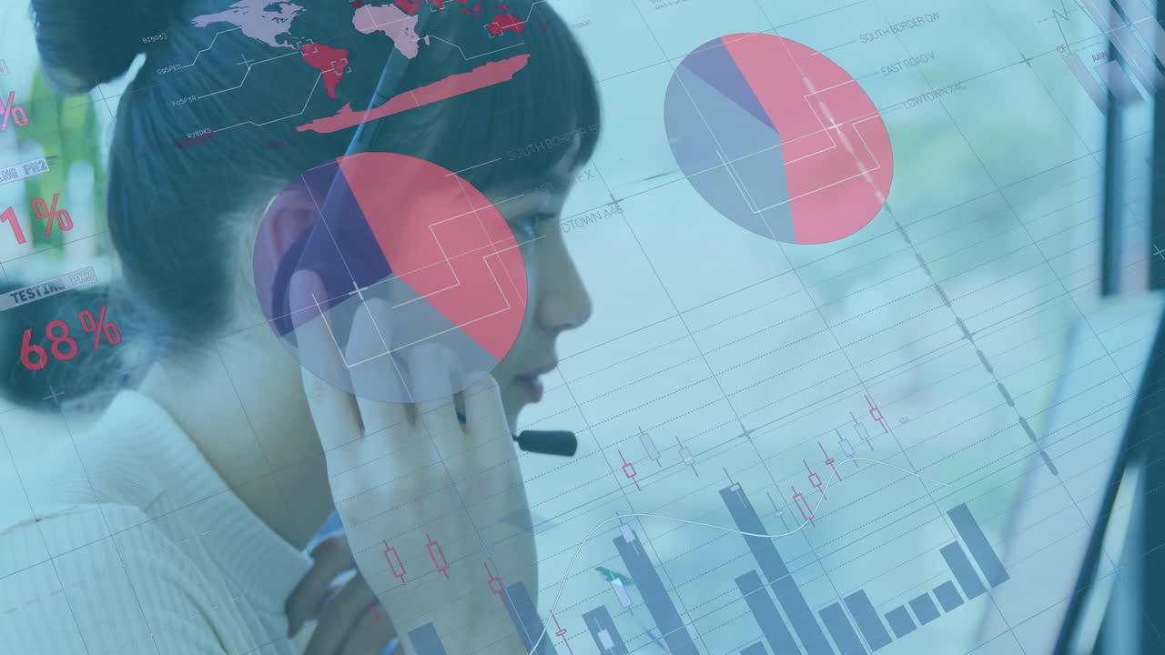 Woman wearing headset adjusting earpiece in office showing finance graphs world map overlays