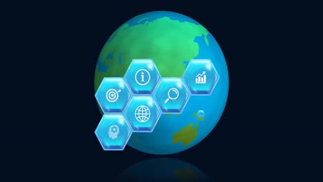 animation of education and learning icons on blue hexagons over globe on blue background