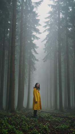 woman in yellow raincoat in a misty forest