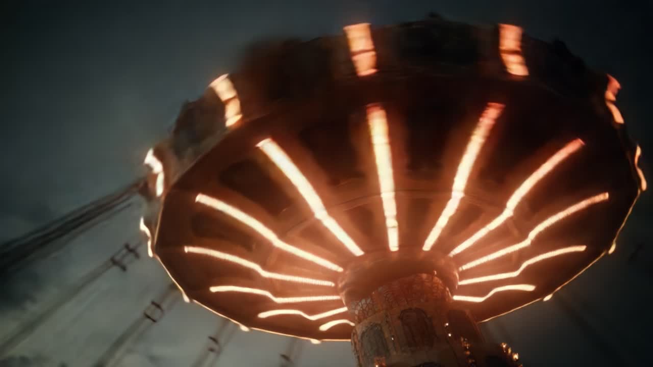 A Nighttime Carousel: Illuminated Swings Capturing the Magic of a Carnival Ride as the Lights Dazzle Against a Darkening Sky