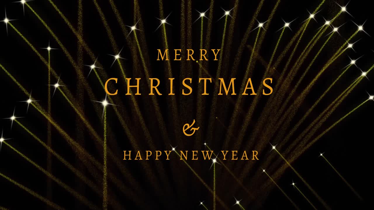 검은색 배경의 불꽃놀이 위에 메리 크리스마스 및 행복한 새해 텍스트의 애니메이션