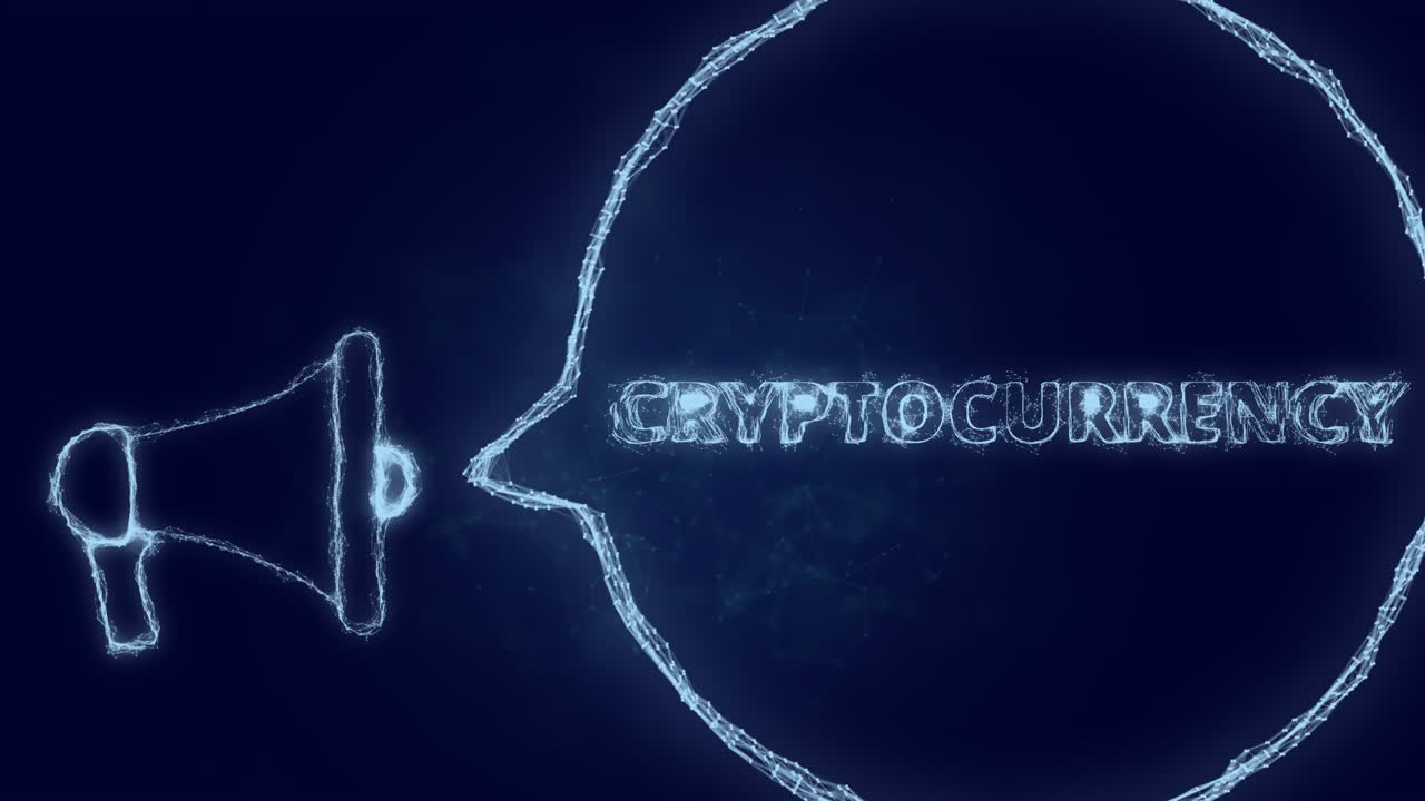 스피치 버블과 텍스트 암호화폐를 가진 메가폰 배너, 녹색 반이는 점과 선의 플렉서스 스타일