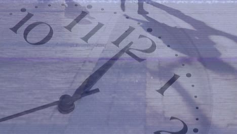 Animation-of-clock-with-glitch-and-legs-of-people-walking