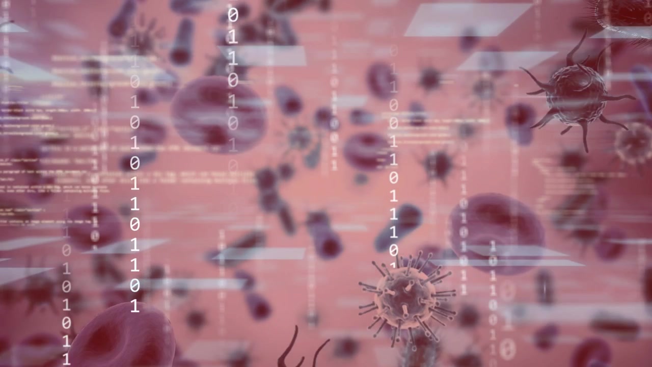 Scan activating, HUD panels sliding and binary flow over drifting cell cluster analyzing infection