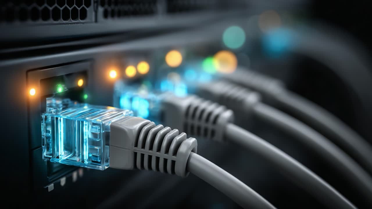 High-Detail Capture of Ethernet Connections on a Network Switch, Highlighting Data Transmission Interface with Illuminated Ports and Active Status Indicators