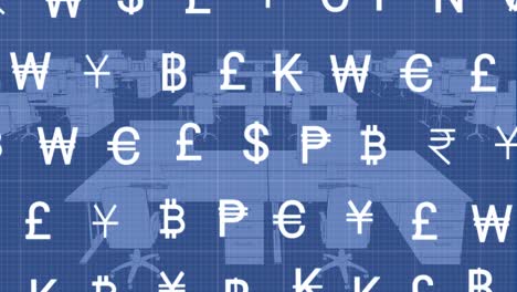 Animation-of-multiple-currency-symbols-over-grid-network-against-3d-office-model