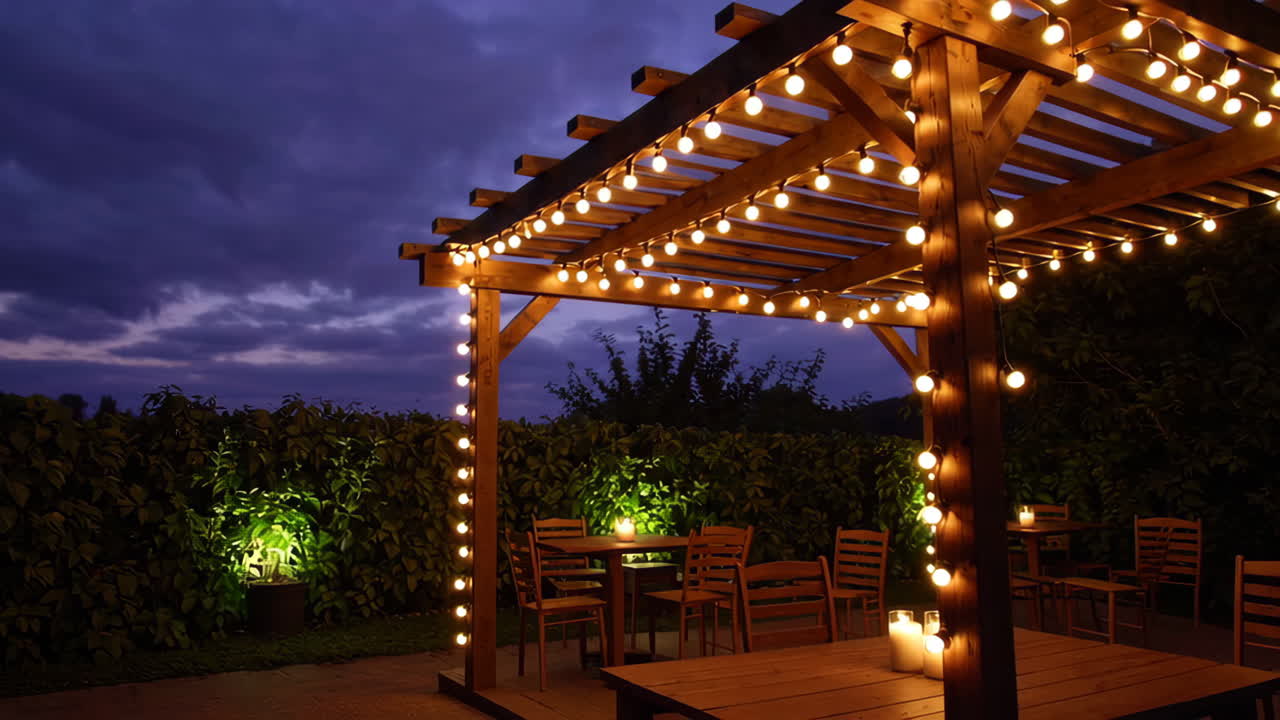 Romantic Outdoor Dining Under Pergola at Twilight