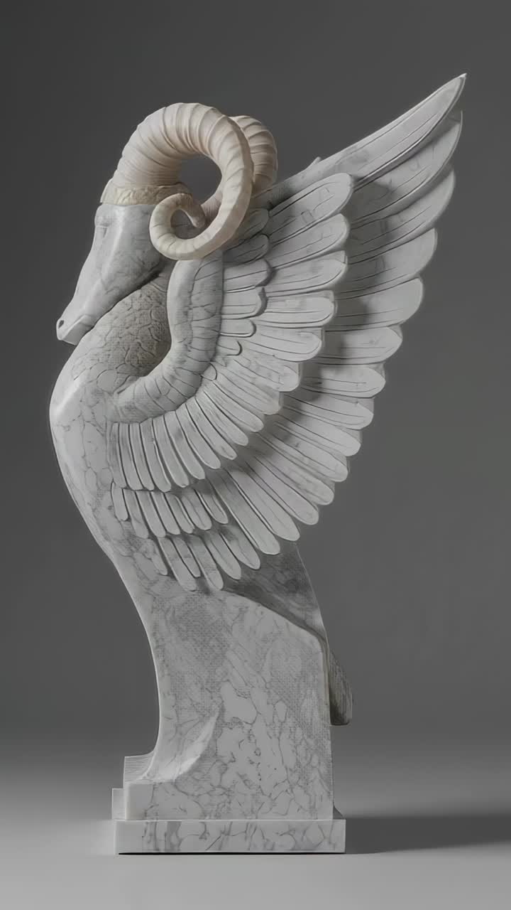 Vertical video: Marble winged-ram sculpture rotating on start in gallery, with horns and wing