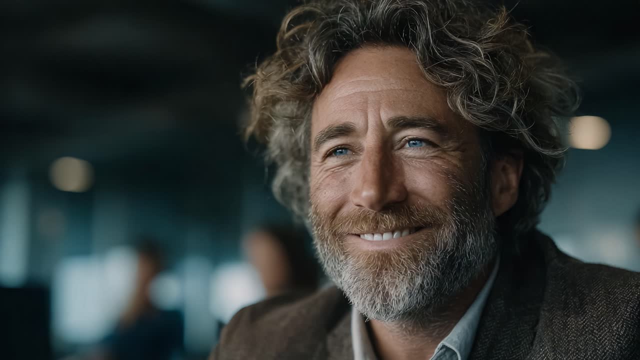 A Warm and Genuine Smile: Capturing the Essence of Joy and Connection in a Professional Environment with an Engaging Individual Exuding Confidence and Charisma