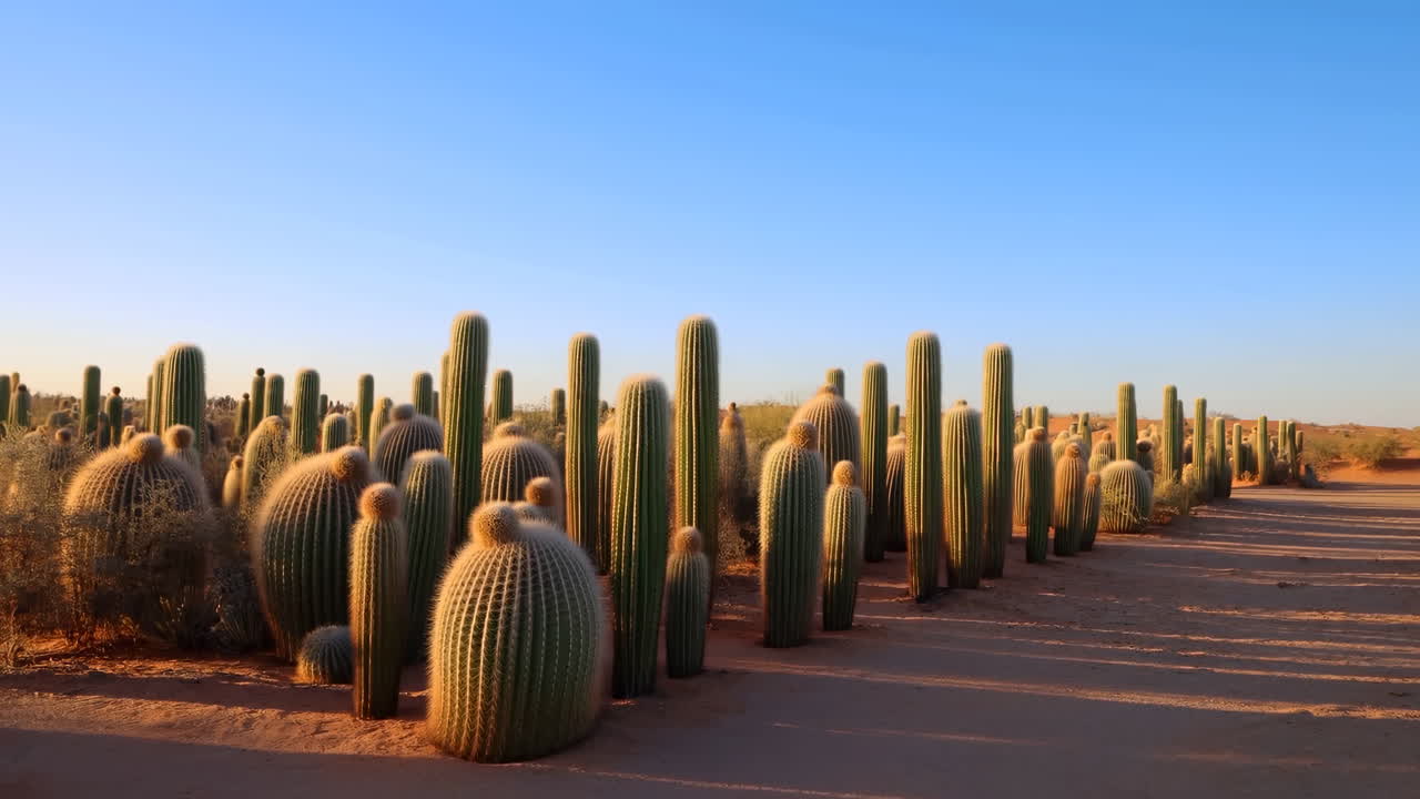 Gün Batımı Çöl Saguaro Kaktüsleri Dalgalı Kumların Üzerine Uzun Gölgeler Saçıyor, Altın Işık Sütunlu ve Fıçı Şeklindeki Kaktüsleri Şekillendiriyor