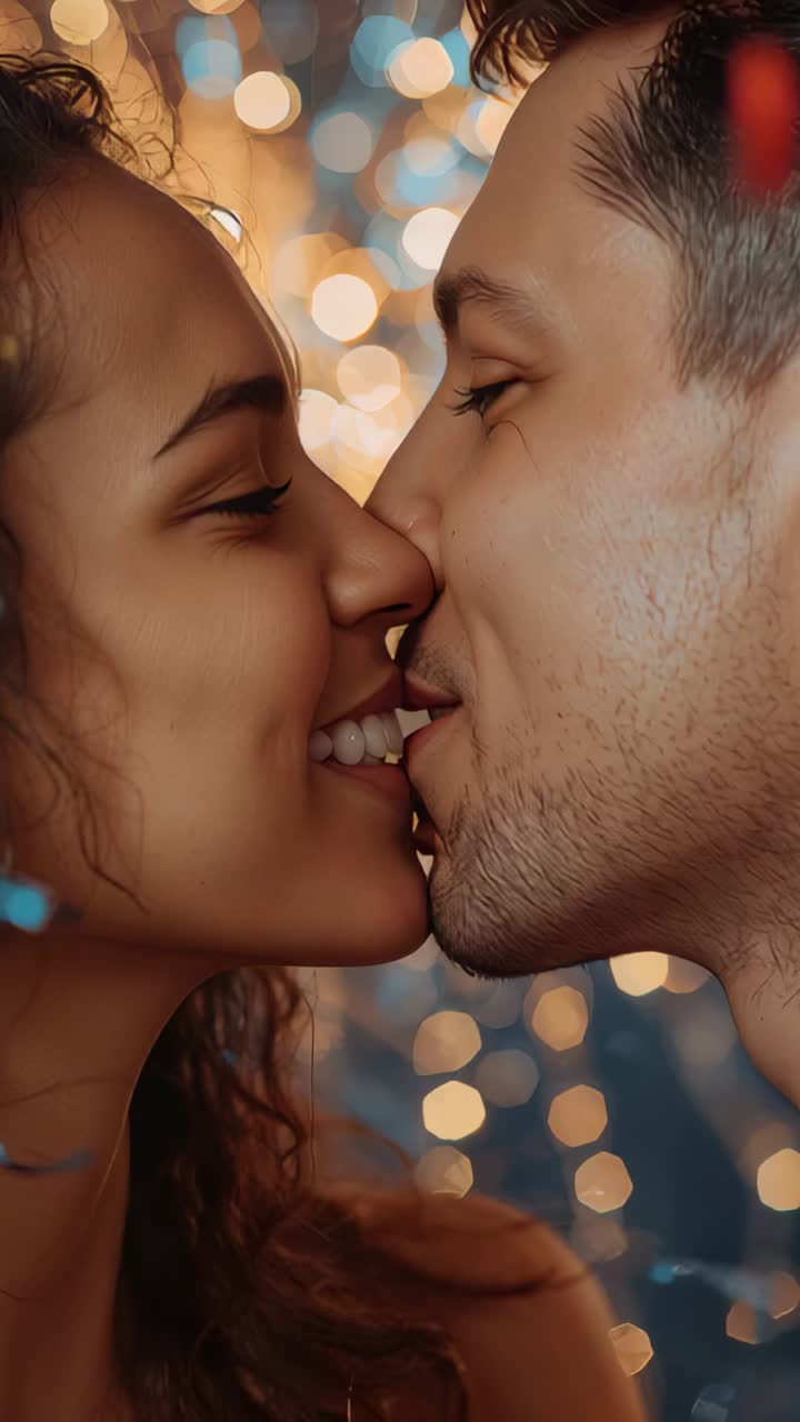 Video verticale: duo sorridente che si sporge a una festa, donna a spalle scoperte che si tocca il naso con coriandoli