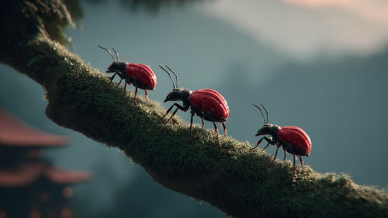 A Fascinating Close-Up of Colorful Ants Journeying Along a Lush Branch, Displaying Their Unique Form and Captivating Details in Nature's Grandeur