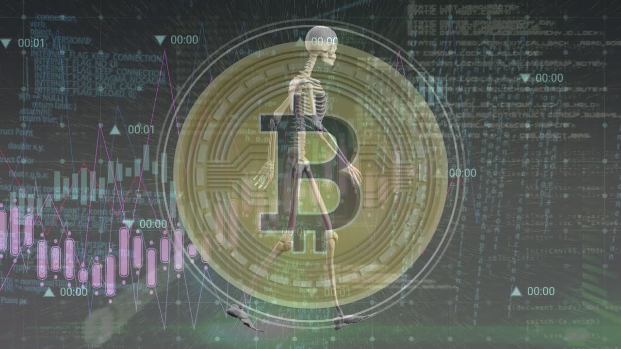 animación del esqueleto y bitcoin sobre el procesamiento de datos en fondo negro
