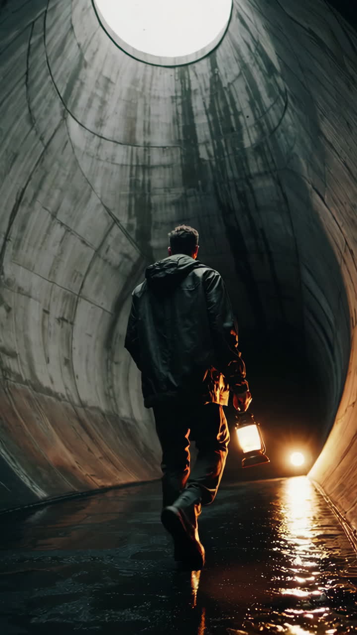Man Walking Through a Dark Underground Tunnel with a Lantern