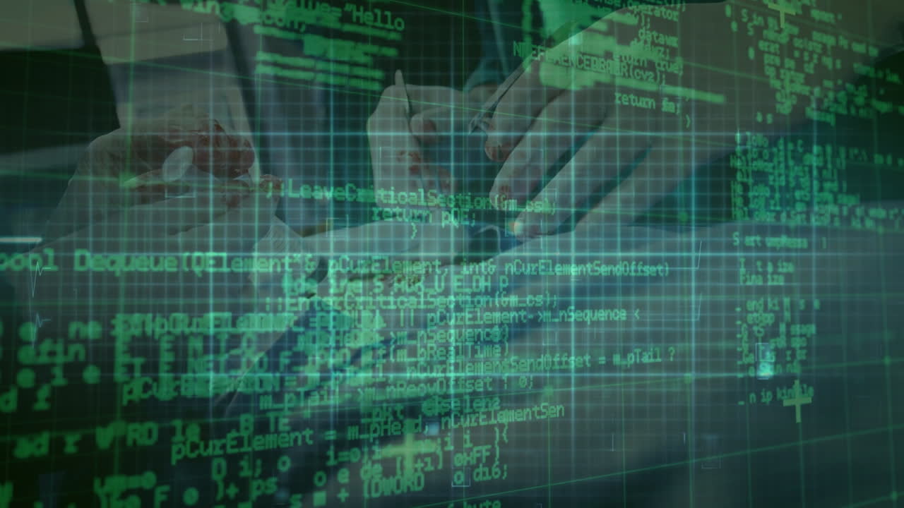 animazione dell'elaborazione dei dati sulle mani dei chirurghi caucasici durante l'operazione