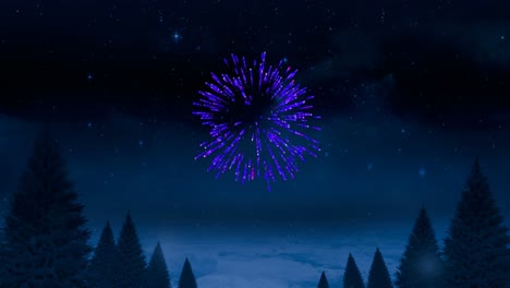 animation of purple christmas and new year fireworks exploding over trees in night sky