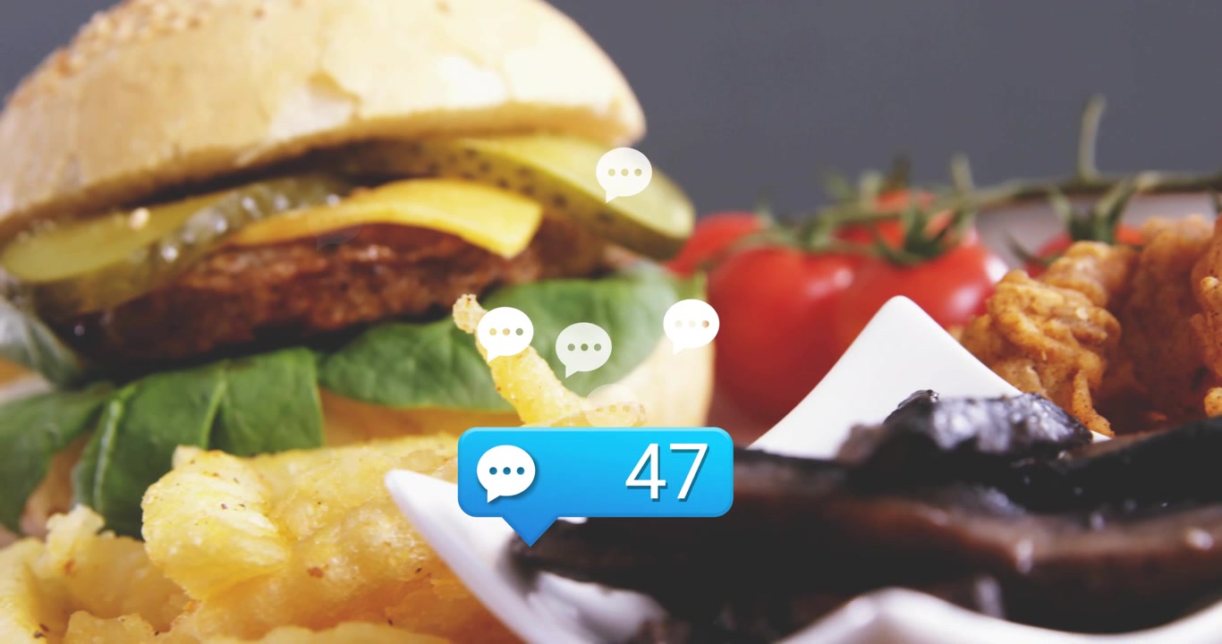 Burger and fries centering as blue counter appearing near fries, counting up and animating ads