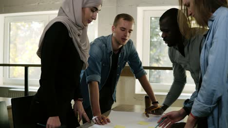 Grupo-Multicultural-De-Personas-Mujer-Musulmana,-Hombre-Y-Hombre-Y-Mujer-Discutiendo-Un-Proyecto-En-La-Oficina-Juntos,-Apoyados-En-La-Mesa