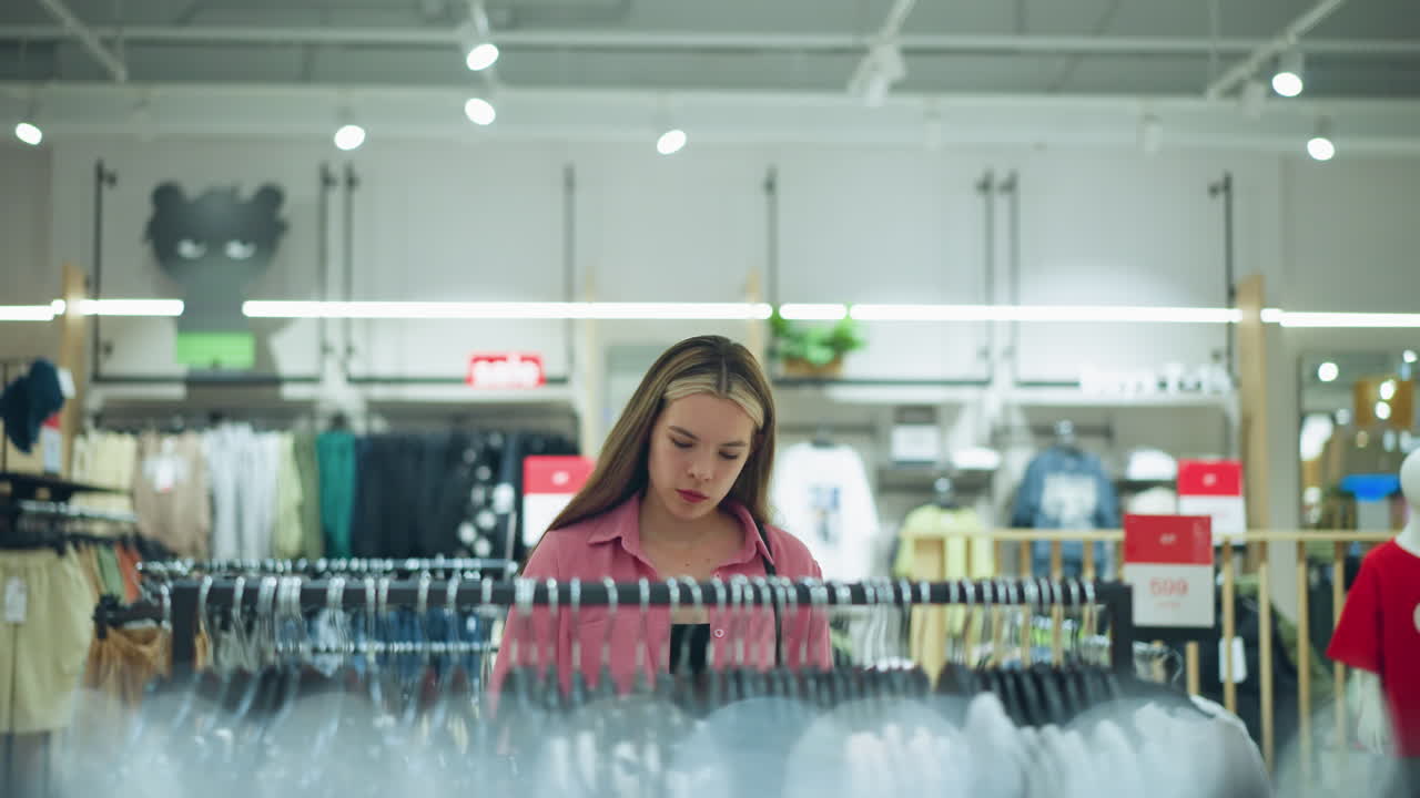 Lady in pink top and black signet thoughtfully browsing clothes on rack in a in brightly lit shopping mall, clothing racks and items fill background, with blur light in the background