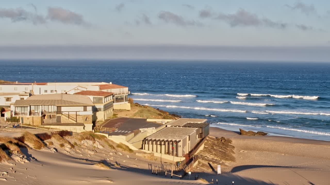 Aerial view of coastal buildings and beach at Portugal
