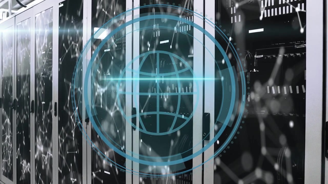 Turquoise Cyber Security text fading in, HUD forming rings and globe over servers, scanning network