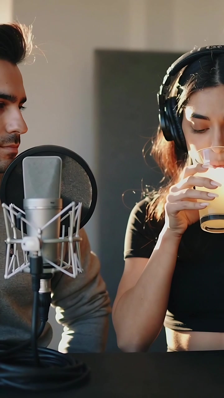 Vertikal video: Smilende kvindelig vært med headset, der nipper til et glas juice ved mikrofonen under en podcast.