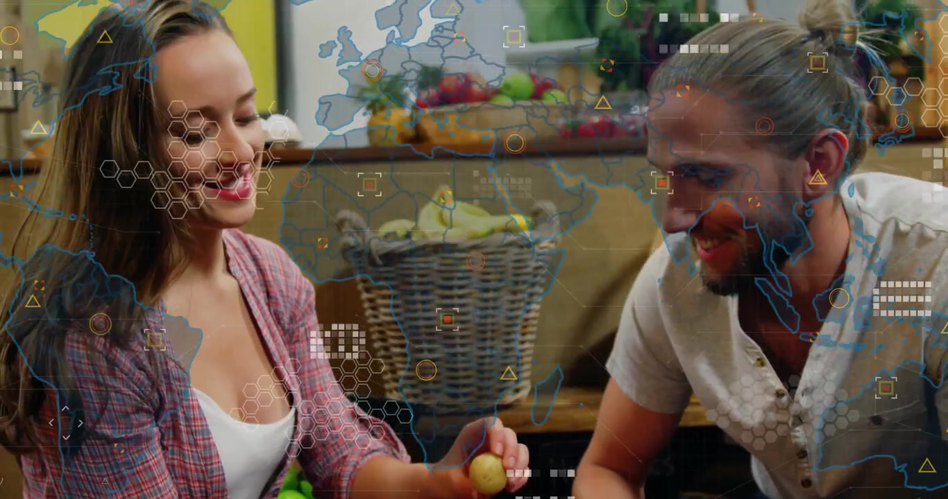 Couple Sorting Fresh Produce with Digital World Map Overlay