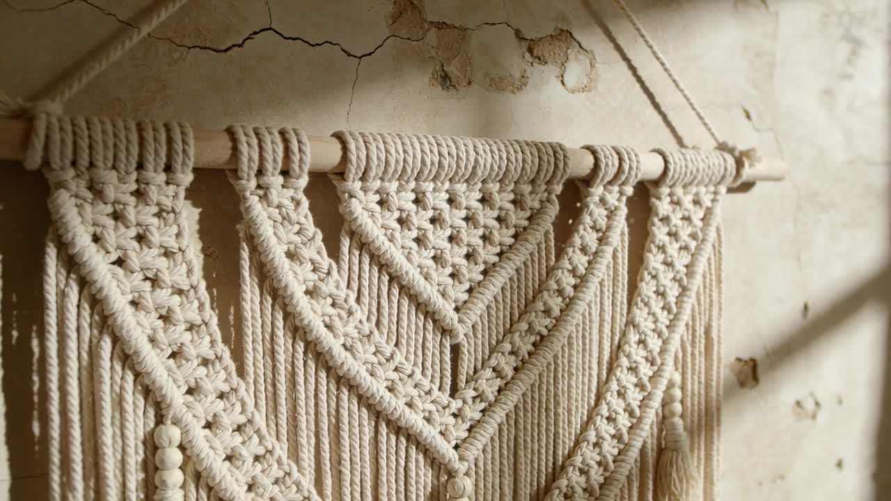 Panoramica della telecamera che rivela un macramè color crema su un'asta di legno su una parete intonacata, esponendo perle, nodi e la luce del sole.