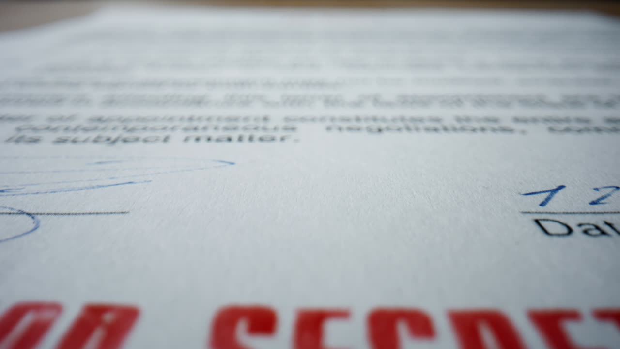 Classified important document stamped seal top secret close up. Prohibition sign