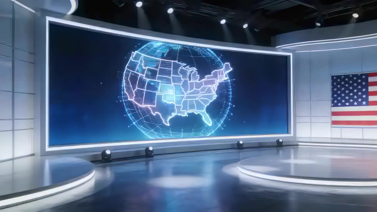 Animating LED display screen rotating US globe, pulsing nodes, revealing info panel in TV studio