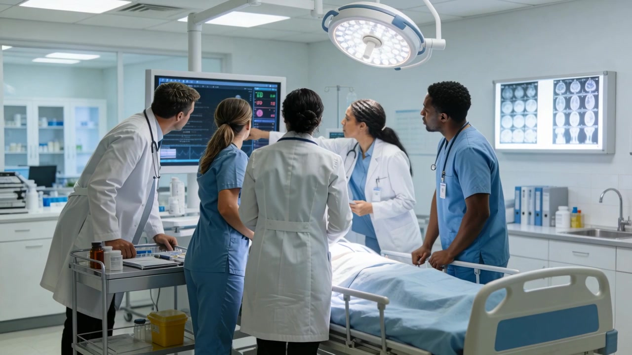 Læser skærm, der viser scanninger, team i kitler og scrubs noterer vitale tegn ved hospitalsseng.