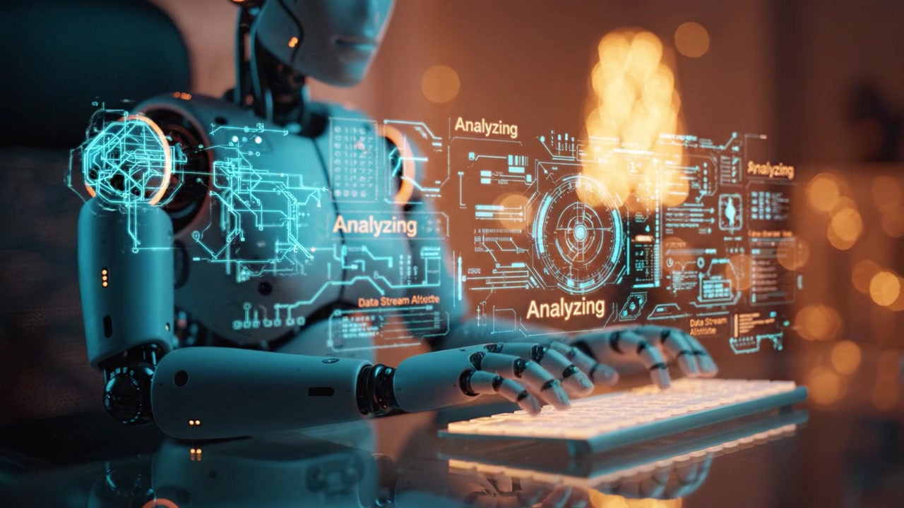 A futuristic humanoid robot engages in data analysis, seamlessly typing at a glowing keyboard while projecting holographic data visuals in a contemporary setting.