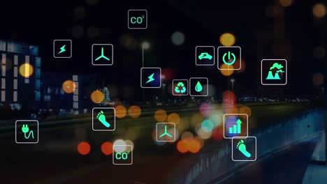 Animation-of-multiple-icons-over-time-lapse-of-moving-vehicles-on-bridge-against-buildings