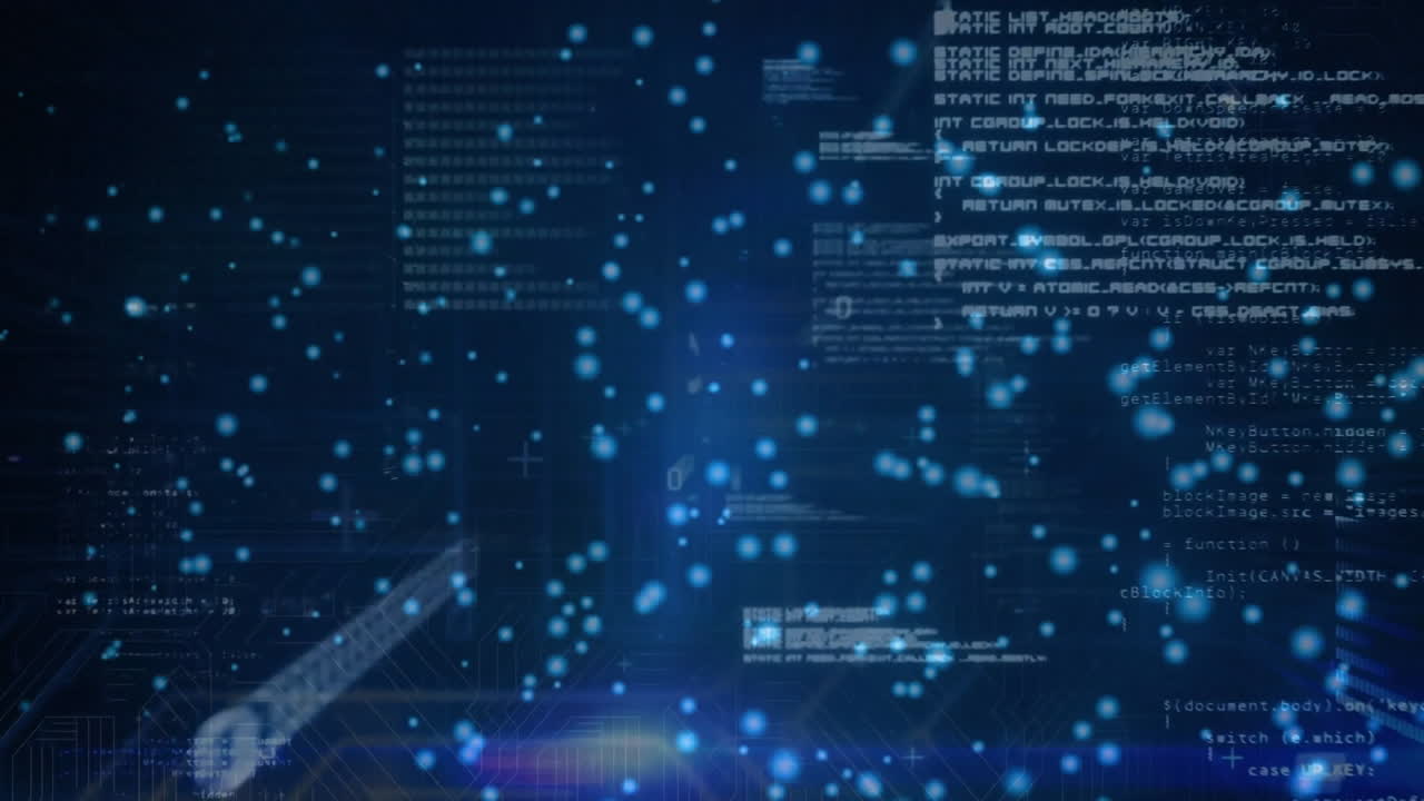 Animation of data processing and light spots on black background
