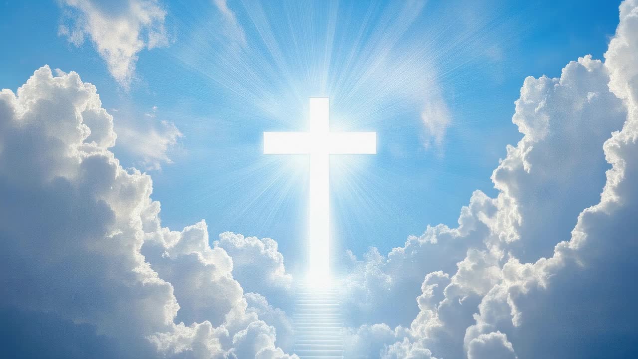 A divine cross shines brightly in a heavenly sky, surrounded by clouds