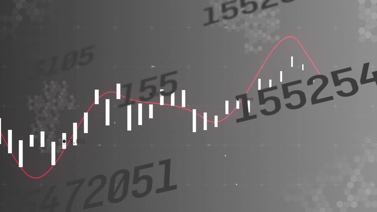 Financial chart displaying white candlesticks weaving red trend line, numbers, hex clusters