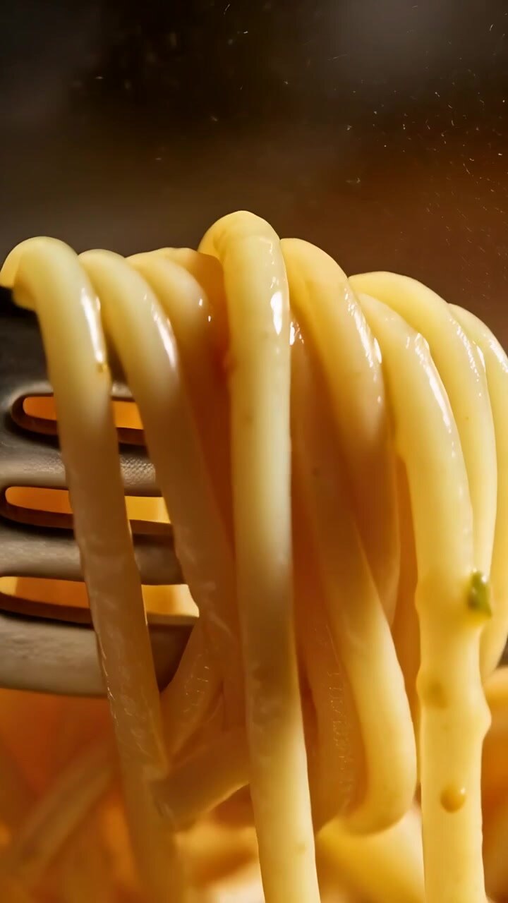 Video verticale: Forchetta che si avvicina avvolgendo spaghetti in una ciotola scura, sollevando salsa lucida per un boccone