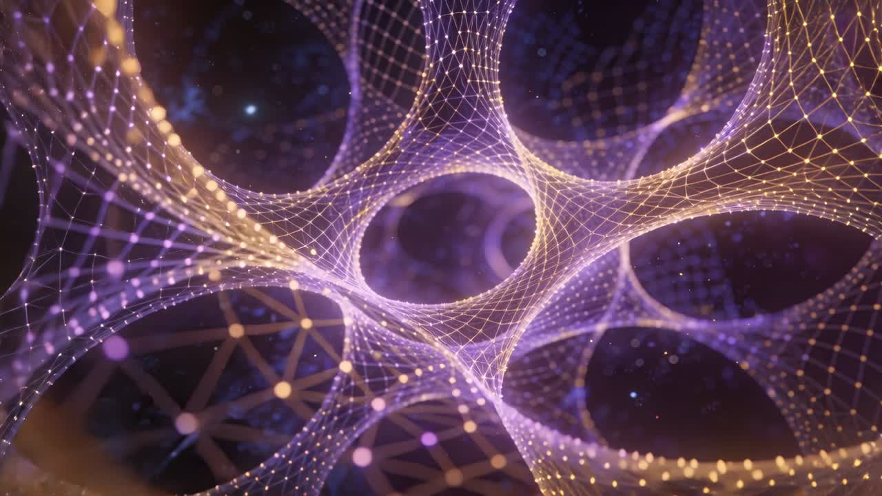 Camera zooming, wireframe lattice undulating and nodes pulsing, revealing tech visual torus network