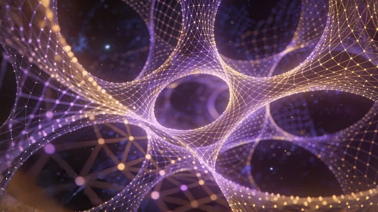 Camera zooming, wireframe lattice undulating and nodes pulsing, revealing tech visual torus network